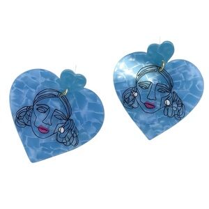 Blue Artistic Girl Acrylic Drop Earrings | Boho Geometric Statement Earrings